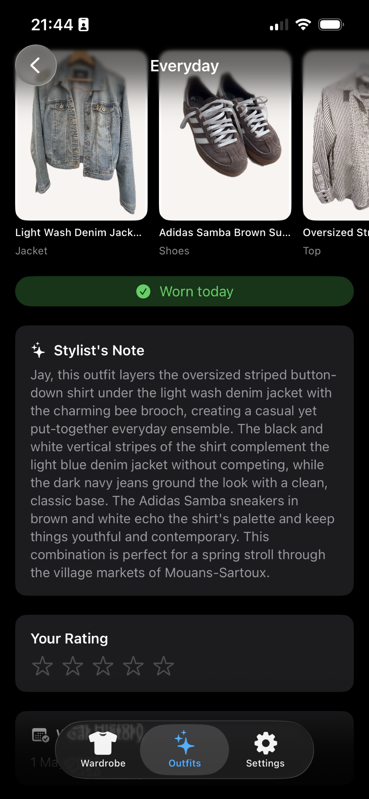Outfit detail with stylist note