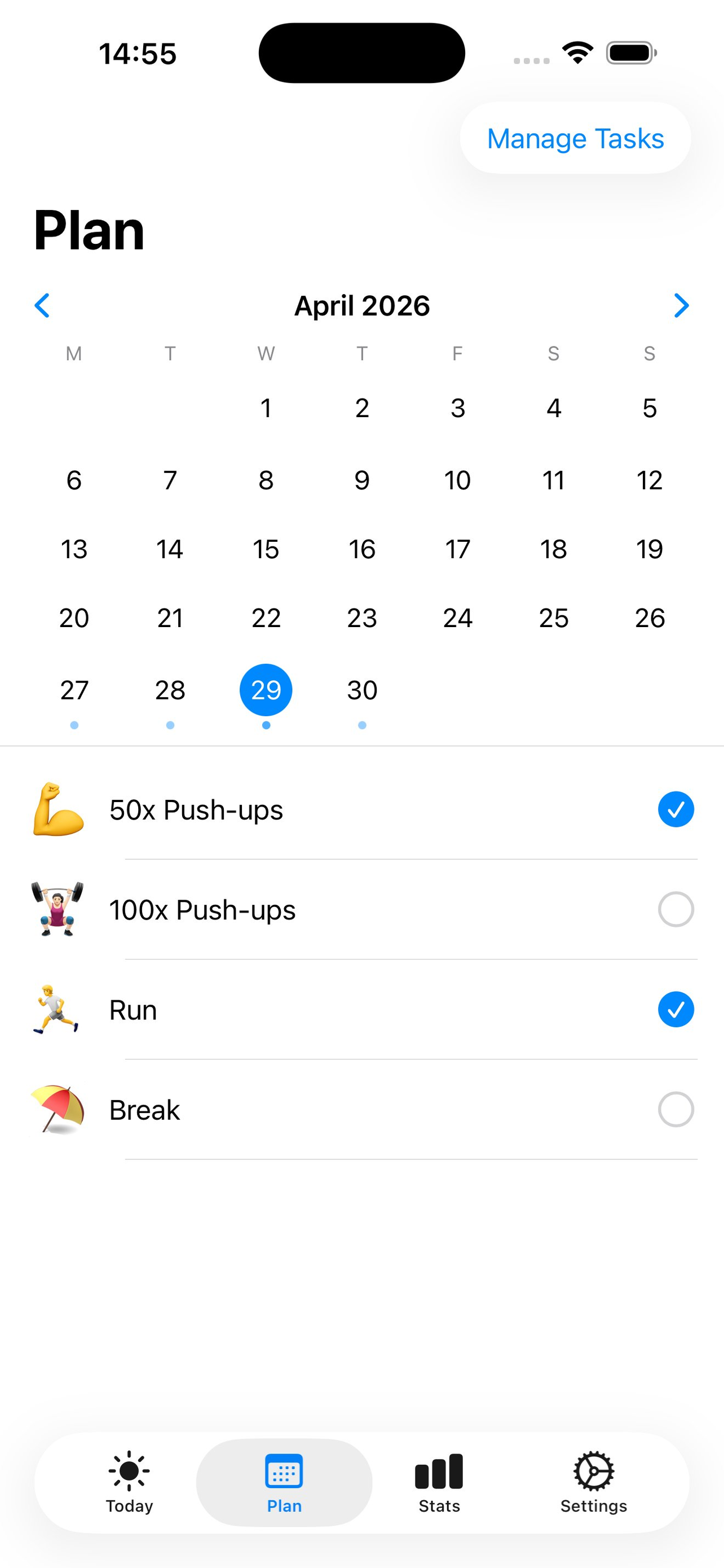 Plan tab — pick a date and toggle tasks