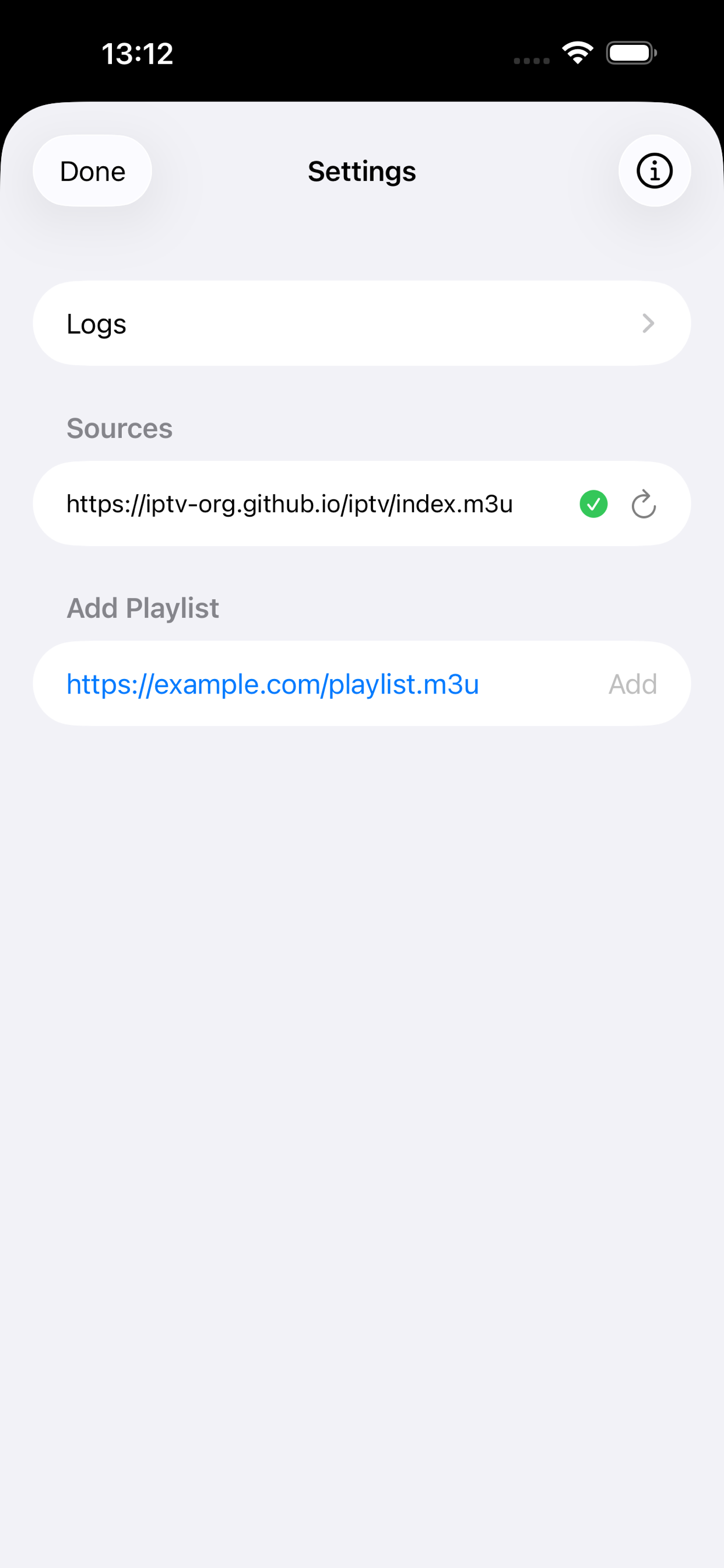 TiVix Settings — add playlist sources