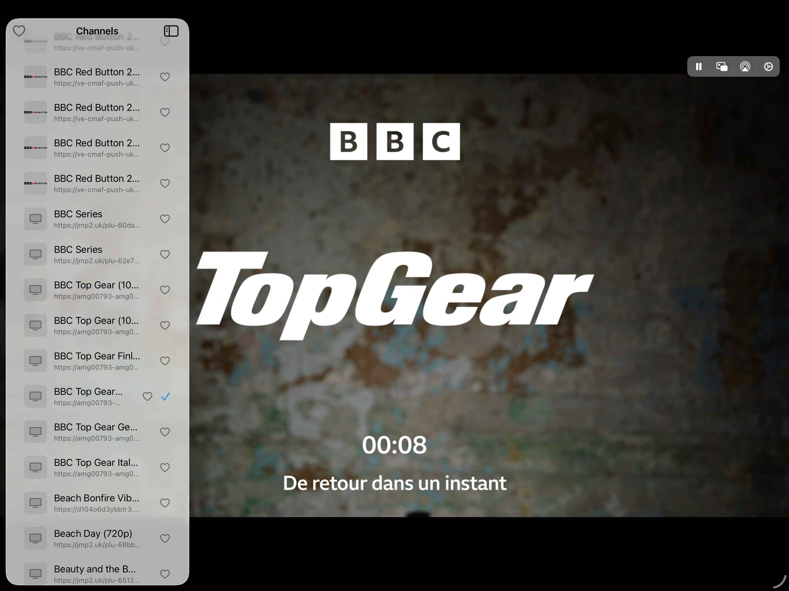 iPad split view — channel sidebar and player